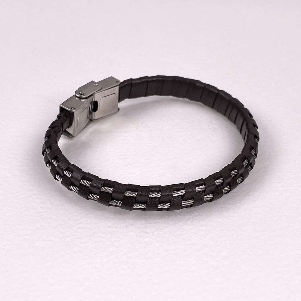 Brown Leather and Steel Cord Wristband