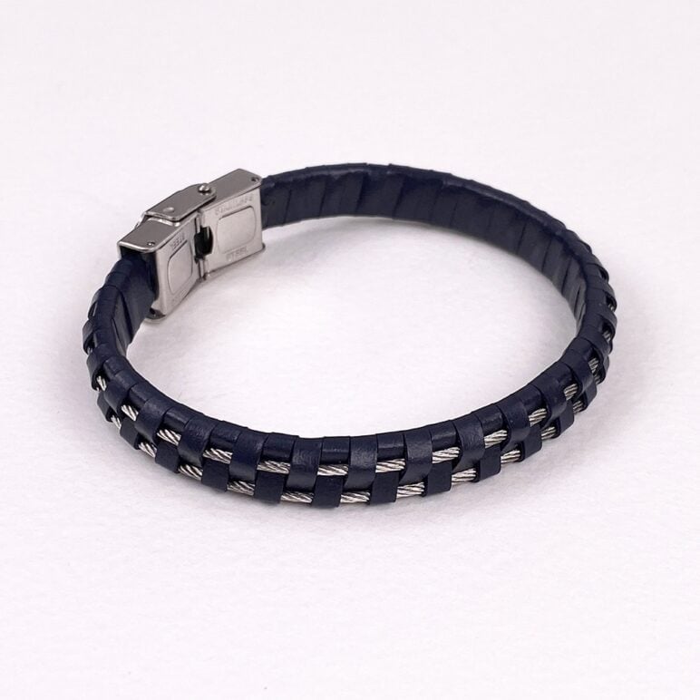 Pulsera de cuero y cable de acero - Azul marino