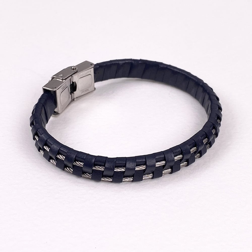 Navy Leather and Steel Cord Wristband