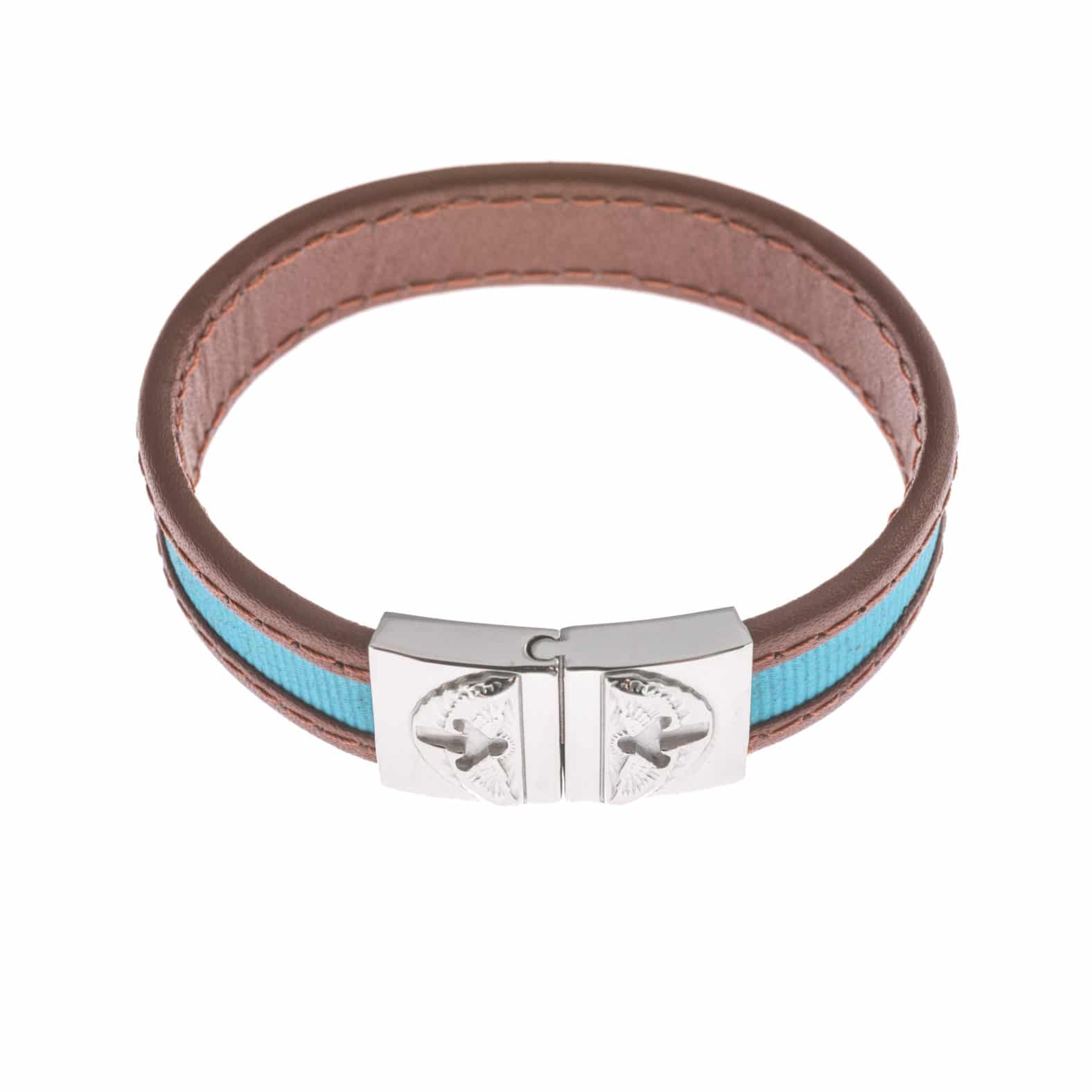 Brown Leather And Blue Textile Wristband