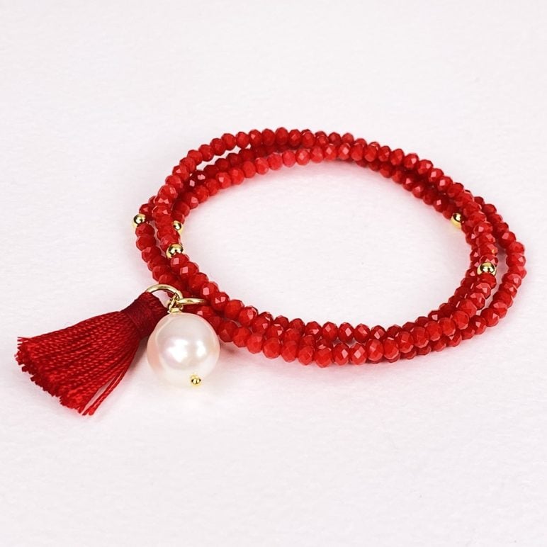 Pulsera/Collar Luna con perla - Rojo